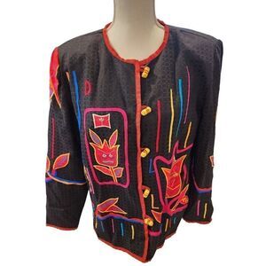 Vintage 90s Julia Kim Oversized Floral Tulip Jacket S Boho Wearable Art